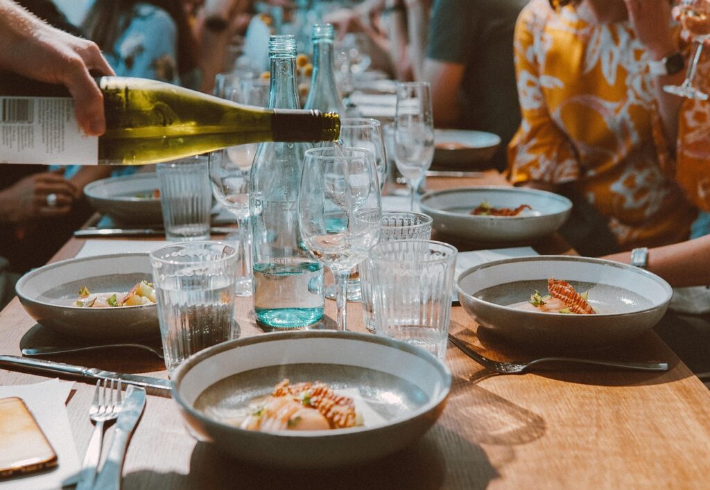 Hungarian wine served with food on table