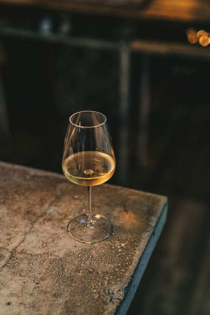 wine glass on table in wine bar